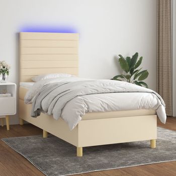 Cama Individual | Cama Para Adultos | Cama Box Spring Colchón Y Luces Led Tela Color Crema 90x190 Cm Cfw757439