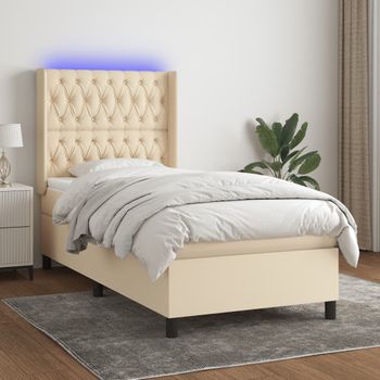 Cama Individual | Cama Para Adultos | Cama Box Spring Colchón Y Luces Led Tela Color Crema 90x190 Cm Cfw659798