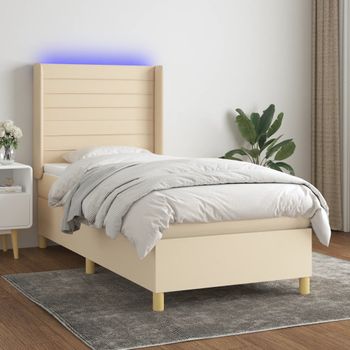 Cama Individual | Cama Para Adultos | Cama Box Spring Colchón Y Luces Led Tela Color Crema 90x190 Cm Cfw321118