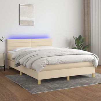 Cama Doble | Cama Box Spring | Cama Para Adultos Colchón Y Luces Led Tela Crema 140x190 Cm Cfw933867