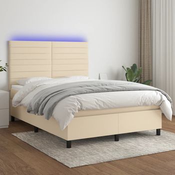 Cama Doble | Cama Box Spring | Cama Para Adultos Colchón Y Luces Led Tela Crema 140x190 Cm Cfw367557