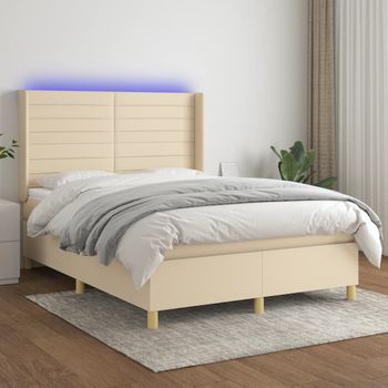 Cama Doble | Cama Box Spring | Cama Para Adultos Colchón Y Luces Led Tela Crema 140x190 Cm Cfw409408