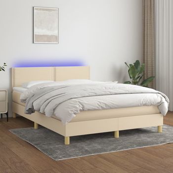 Cama Matrimonial | Cama Para Adultos | Cama Box Spring Colchón Y Luces Led Tela Crema 140x190 Cm Cfw686378