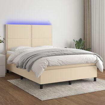 Cama Para Adultos | Cama Box Spring Colchón Y Luces Led Tela Crema 140x190 Cm Cfw867672