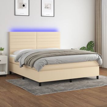 Cama Matrimonial | Cama Para Adultos | Cama Box Spring Colchón Y Luces Led Tela Crema 180x200 Cm Cfw826895