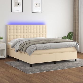 Cama Matrimonial | Cama Para Adultos | Cama Box Spring Colchón Y Luces Led Tela Crema 180x200 Cm Cfw205801