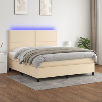 Cama Matrimonial | Cama Para Adultos | Cama Box Spring Colchón Y Luces Led Tela Crema 180x200 Cm Cfw844676