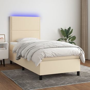 Cama Individual | Cama Para Adultos | Cama Box Spring Colchón Y Luces Led Tela Crema 80x200 Cm Cfw754130