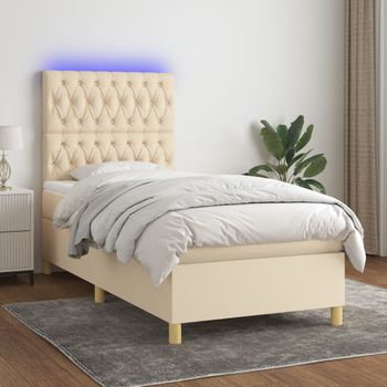 Cama Individual | Cama Box Spring | Cama Para Adultos Colchón Y Luces Led Tela Crema 90x200 Cm Cfw886250