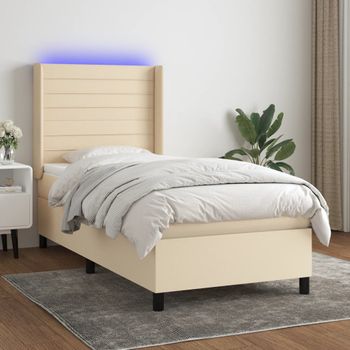 Cama Individual | Cama Box Spring | Cama Para Adultos Colchón Y Luces Led Tela Crema 90x200 Cm Cfw980796