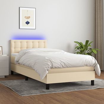 Cama Individual | Cama Box Spring | Cama Para Adultos Colchón Y Luces Led Tela Crema 90x200 Cm Cfw601268