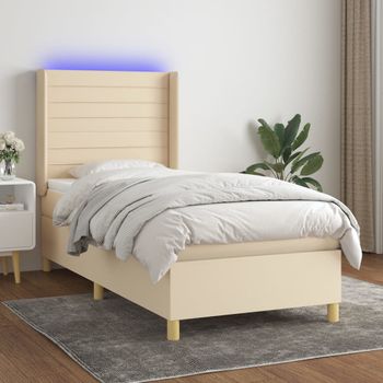 Cama Individual | Cama Box Spring | Cama Para Adultos Colchón Y Luces Led Tela Crema 90x200 Cm Cfw557885