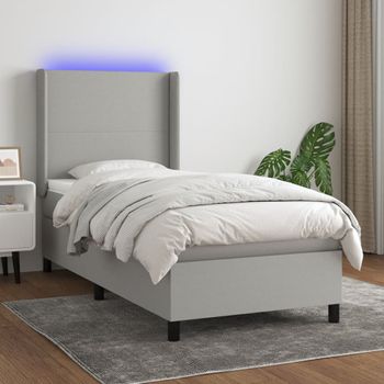 Cama Individual | Cama Box Spring | Cama Para Adultos Colchón Y Luces Led Tela Gris Claro 100x200 Cm Cfw601926