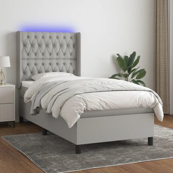 Cama Individual | Cama Box Spring | Cama Para Adultos Colchón Y Luces Led Tela Gris Claro 100x200 Cm Cfw937382