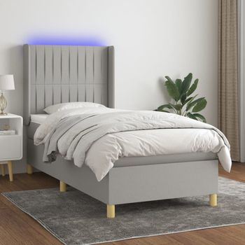 Cama Individual | Cama Box Spring | Cama Para Adultos Colchón Y Luces Led Tela Gris Claro 100x200 Cm Cfw906393