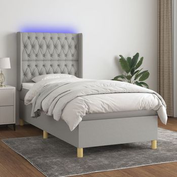 Cama Individual | Cama Box Spring | Cama Para Adultos Colchón Y Luces Led Tela Gris Claro 100x200 Cm Cfw676516