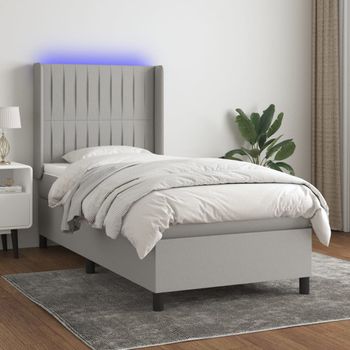 Cama Individual | Cama Box Spring | Cama Para Adultos Colchón Y Luces Led Tela Gris Claro 100x200 Cm Cfw900624