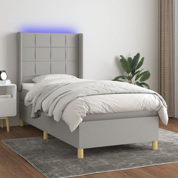 Cama Individual | Cama Box Spring | Cama Para Adultos Colchón Y Luces Led Tela Gris Claro 100x200 Cm Cfw323077