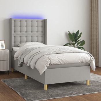 Cama Individual | Cama Box Spring | Cama Para Adultos Colchón Y Luces Led Tela Gris Claro 100x200 Cm Cfw596651