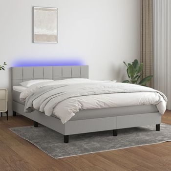 Cama Matrimonial | Cama Para Adultos | Cama Box Spring Colchón Y Luces Led Tela Gris Claro 140x190 Cm Cfw341799