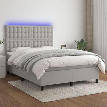 Cama Matrimonial | Cama Para Adultos | Cama Box Spring Colchón Y Luces Led Tela Gris Claro 140x190 Cm Cfw638709