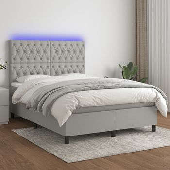 Cama Doble | Cama Box Spring | Cama Para Adultos Colchón Y Luces Led Tela Gris Claro 140x190 Cm Cfw256812