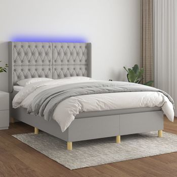 Cama Doble | Cama Box Spring | Cama Para Adultos Colchón Y Luces Led Tela Gris Claro 140x190 Cm Cfw703754