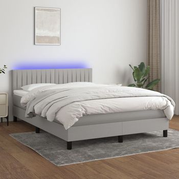 Cama Matrimonial | Cama Para Adultos | Cama Box Spring Colchón Y Luces Led Tela Gris Claro 140x190 Cm Cfw355031