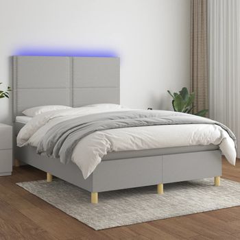 Cama Matrimonial | Cama Para Adultos | Cama Box Spring Colchón Y Luces Led Tela Gris Claro 140x190 Cm Cfw711631