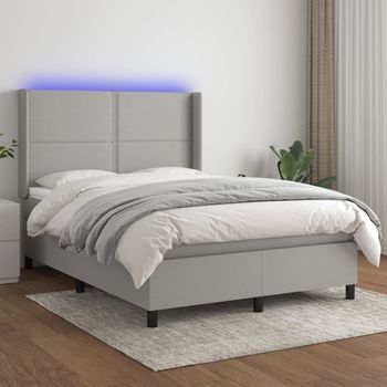 Cama Matrimonial | Cama Para Adultos | Cama Box Spring Colchón Y Luces Led Tela Gris Claro 140x190 Cm Cfw773840