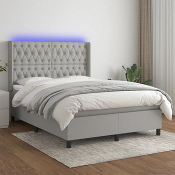 Cama Doble | Cama Box Spring | Cama Para Adultos Colchón Y Luces Led Tela Gris Claro 140x190 Cm Cfw293143