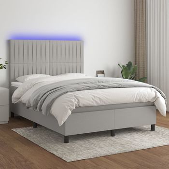 Cama Doble | Cama Box Spring | Cama Para Adultos Colchón Y Luces Led Tela Gris Claro 140x190 Cm Cfw204375