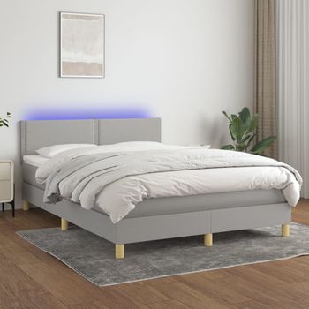 Cama Doble | Cama Box Spring | Cama Para Adultos Colchón Y Luces Led Tela Gris Claro 140x190 Cm Cfw932543