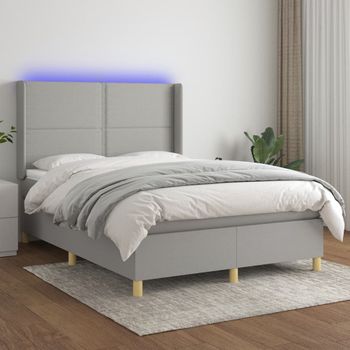 Cama Matrimonial | Cama Para Adultos | Cama Box Spring Colchón Y Luces Led Tela Gris Claro 140x190 Cm Cfw392647