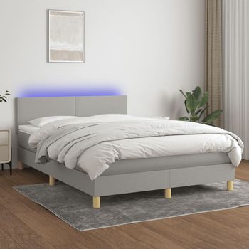 Cama Matrimonial | Cama Para Adultos | Cama Box Spring Colchón Y Luces Led Tela Gris Claro 140x200 Cm Cfw518908