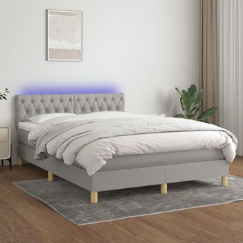 Cama Doble | Cama Box Spring | Cama Para Adultos Colchón Y Luces Led Tela Gris Claro 140x200 Cm Cfw451449