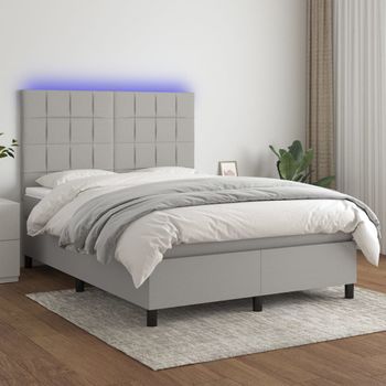 Cama Doble | Cama Box Spring | Cama Para Adultos Colchón Y Luces Led Tela Gris Claro 140x200 Cm Cfw873917