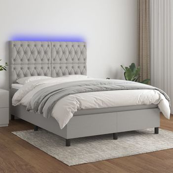 Cama Doble | Cama Box Spring | Cama Para Adultos Colchón Y Luces Led Tela Gris Claro 140x200 Cm Cfw613055