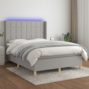 Cama Doble | Cama Box Spring | Cama Para Adultos Colchón Y Luces Led Tela Gris Claro 140x200 Cm Cfw384589