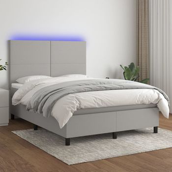 Cama Matrimonial | Cama Para Adultos | Cama Box Spring Colchón Y Luces Led Tela Gris Claro 140x200 Cm Cfw223277