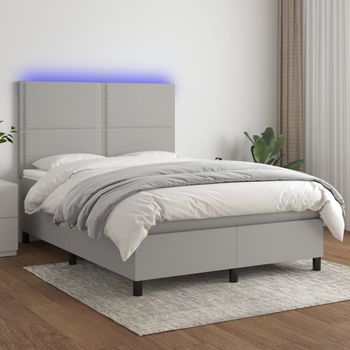 Cama Matrimonial | Cama Para Adultos | Cama Box Spring Colchón Y Luces Led Tela Gris Claro 140x200 Cm Cfw558543