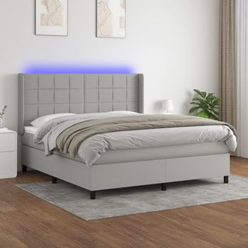 Cama Doble | Cama Box Spring | Cama Para Adultos Colchón Y Luces Led Tela Gris Claro 160x200 Cm Cfw880245