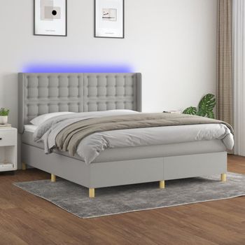 Cama Matrimonial | Cama Para Adultos | Cama Box Spring Colchón Y Luces Led Tela Gris Claro 160x200 Cm Cfw83216