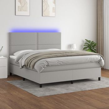 Cama Matrimonial | Cama Para Adultos | Cama Box Spring Colchón Y Luces Led Tela Gris Claro 160x200 Cm Cfw555477