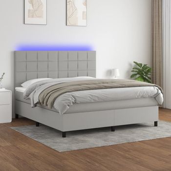 Cama Doble | Cama Box Spring | Cama Para Adultos Colchón Y Luces Led Tela Gris Claro 160x200 Cm Cfw442512