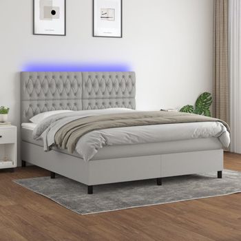 Cama Doble | Cama Box Spring | Cama Para Adultos Colchón Y Luces Led Tela Gris Claro 160x200 Cm Cfw360761