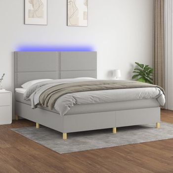 Cama Matrimonial | Cama Para Adultos | Cama Box Spring Colchón Y Luces Led Tela Gris Claro 160x200 Cm Cfw829659