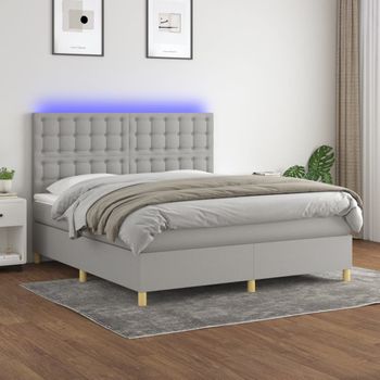 Cama Matrimonial | Cama Para Adultos | Cama Box Spring Colchón Y Luces Led Tela Gris Claro 160x200 Cm Cfw37906