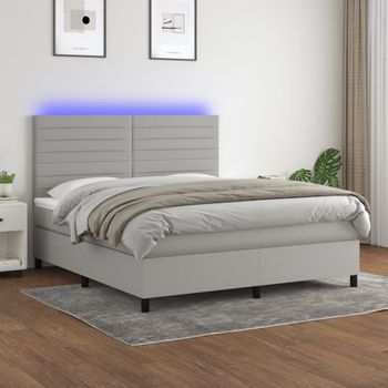 Cama Doble | Cama Box Spring | Cama Para Adultos Colchón Y Luces Led Tela Gris Claro 180x200 Cm Cfw696683