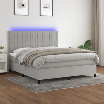 Cama Doble | Cama Box Spring | Cama Para Adultos Colchón Y Luces Led Tela Gris Claro 180x200 Cm Cfw601961